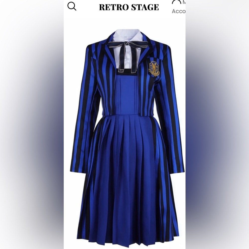 Retro Stage 1940’s Enid Blue Striped Adult Medium Costume NEW Nevermore Academy